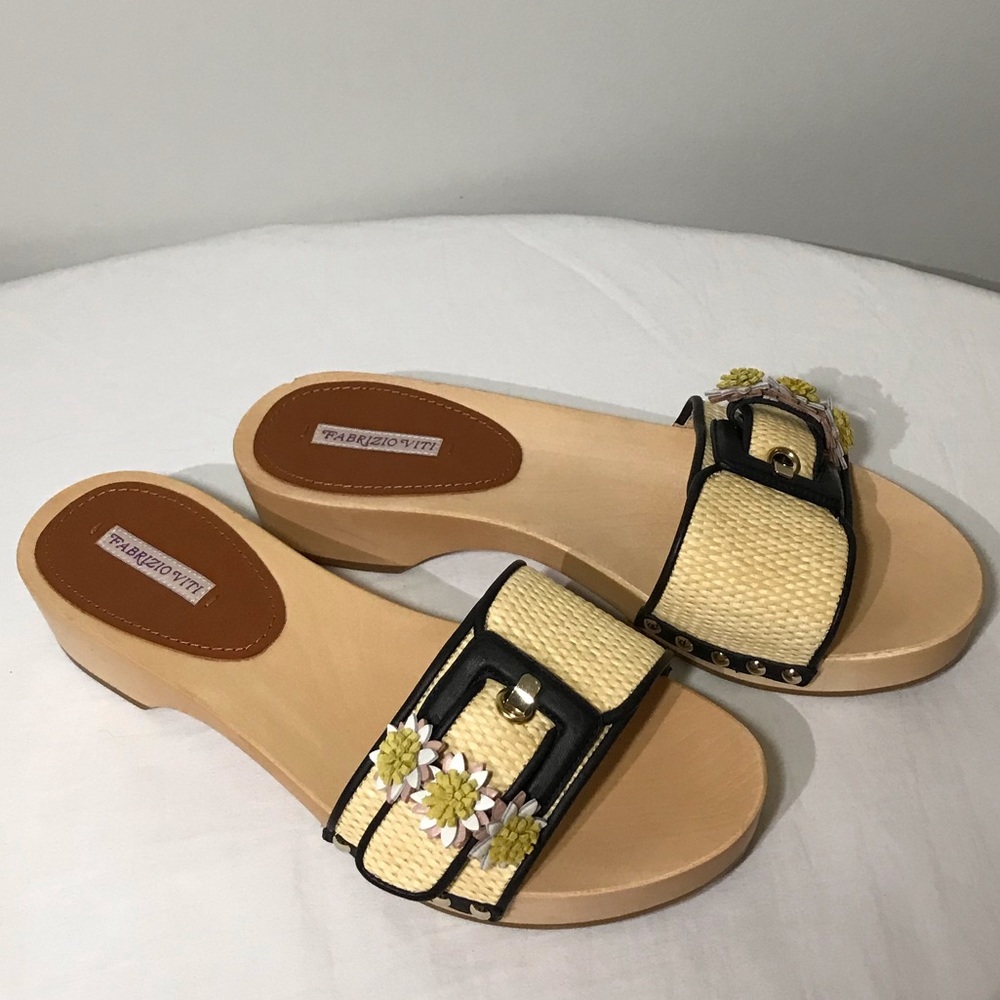 NEW Fabrizio Viti 🌸 Dr. Viti Leather Daisy Woven Raffia Wood Slides 38 7.5 8